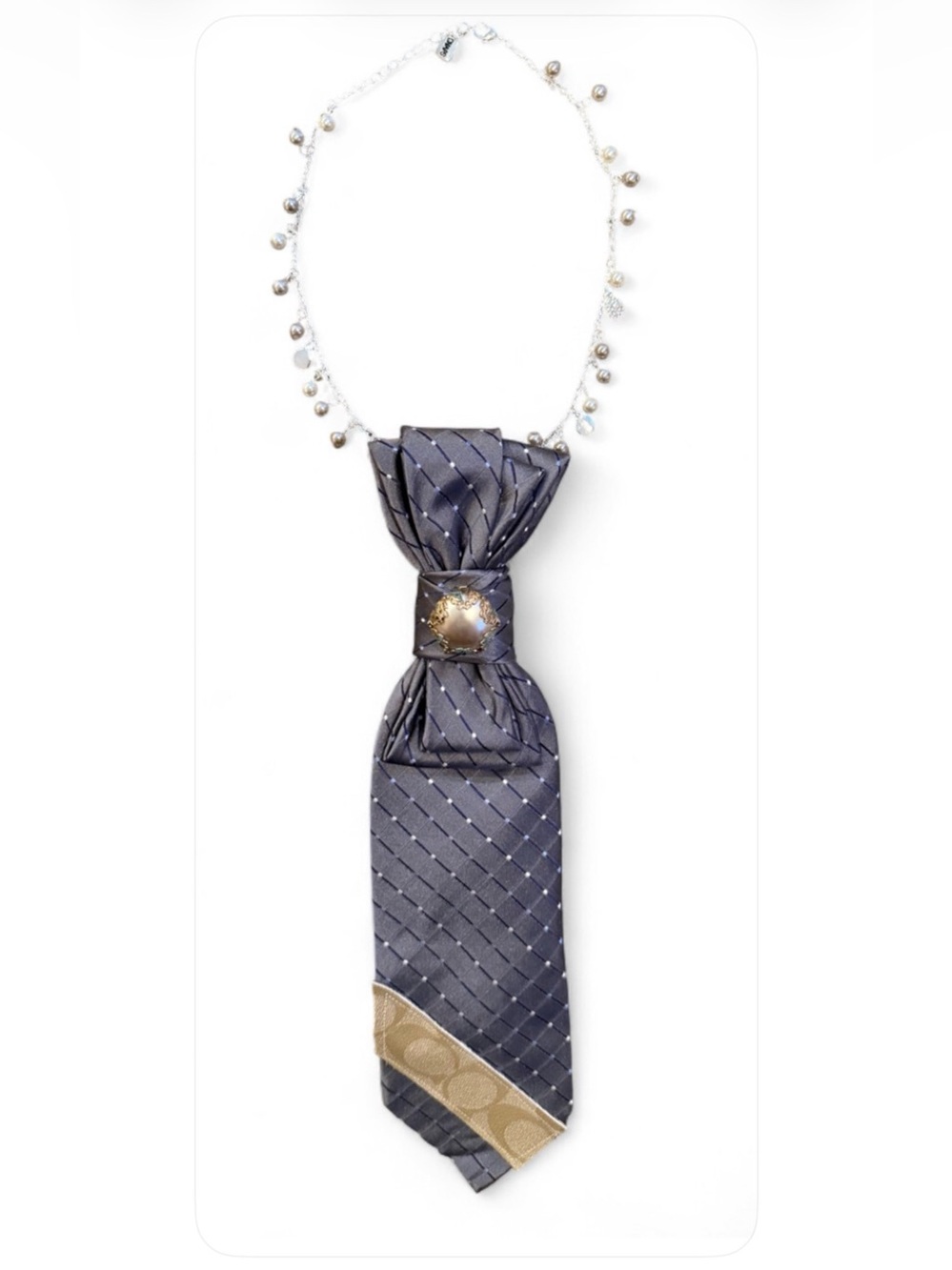 Coach Upcycled Necktie Necklace Geoffrey Beene Vintage Brooch OOAK Hidden Pocket - Picture 4 of 8